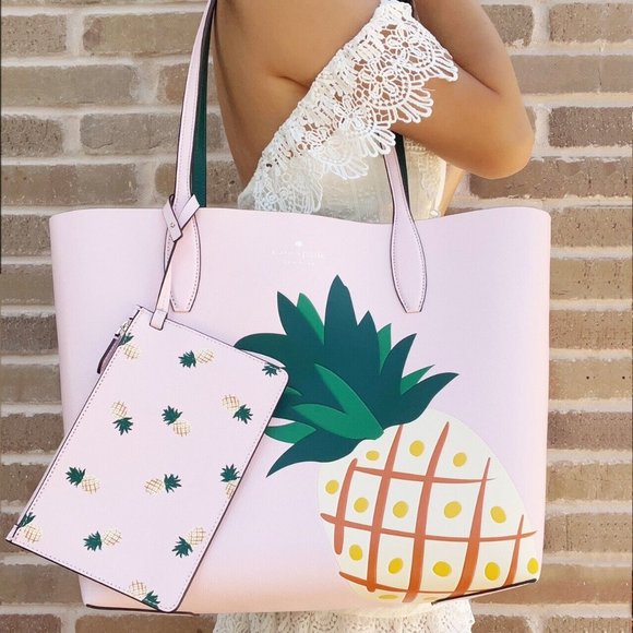 kate spade Handbags - Kate Spade Colada Large Pineapple Printed Reversible Tote Pink Green + Pouch